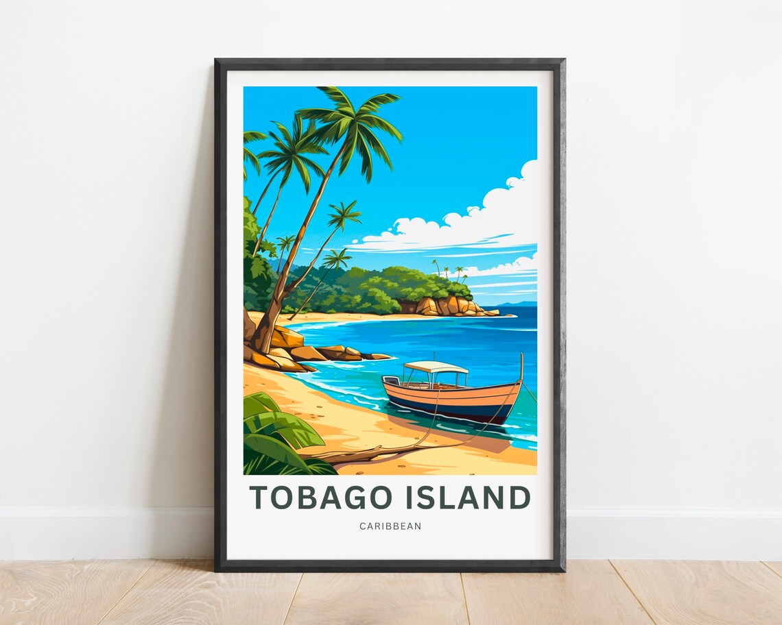 Tobago Island Caribbean Fishing Boat on Sandy Shore Travel Poster