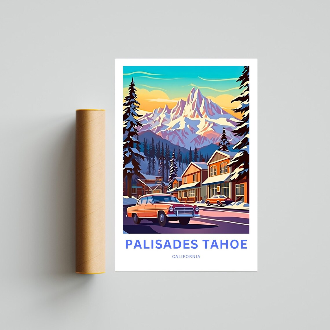 Palisades Tahoe Retro Village Street Classic Car Snowy Ski Poster - Image 4