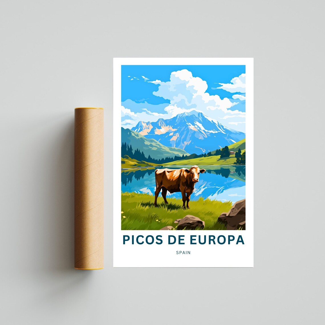 Picos De Europa Spain Alpine Cow And Mountain Lake Travel Poster - Image 4