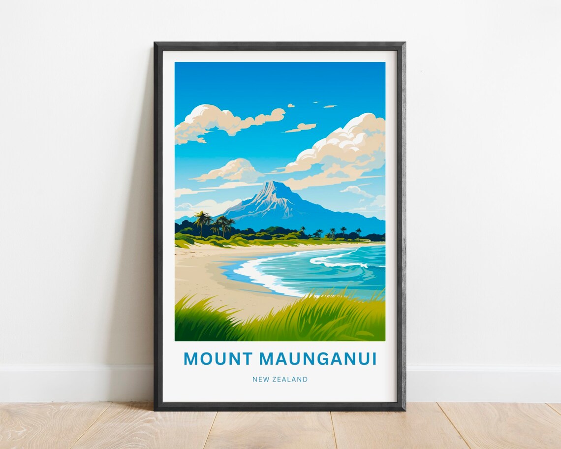 Mount Maunganui New Zealand Sandy Beach Mountain Bay View Poster