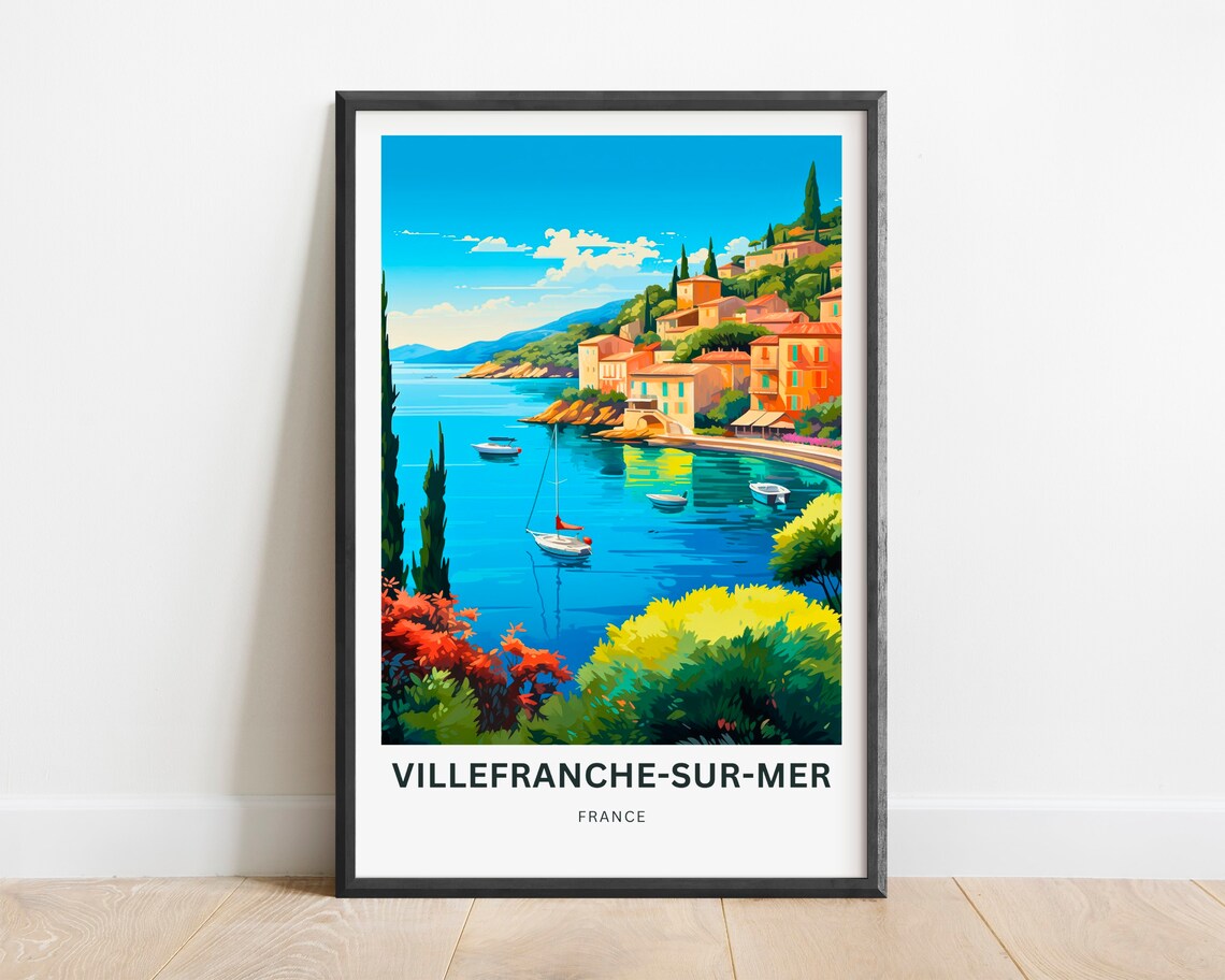 Villefranche-sur-Mer France Azure Bay Sailboats Cypress Travel Poster