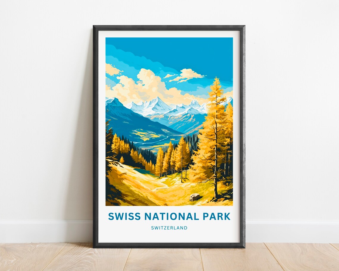 Swiss National Park Golden Larch Valley Snowcapped Peaks Poster