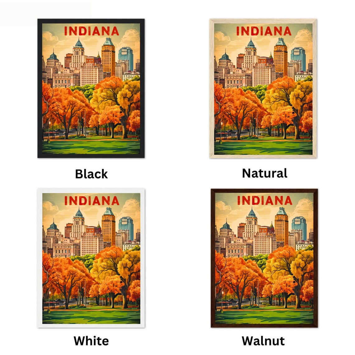 Indiana Retro City Skyline Autumn Trees Warm Fall Travel Poster - Image 4