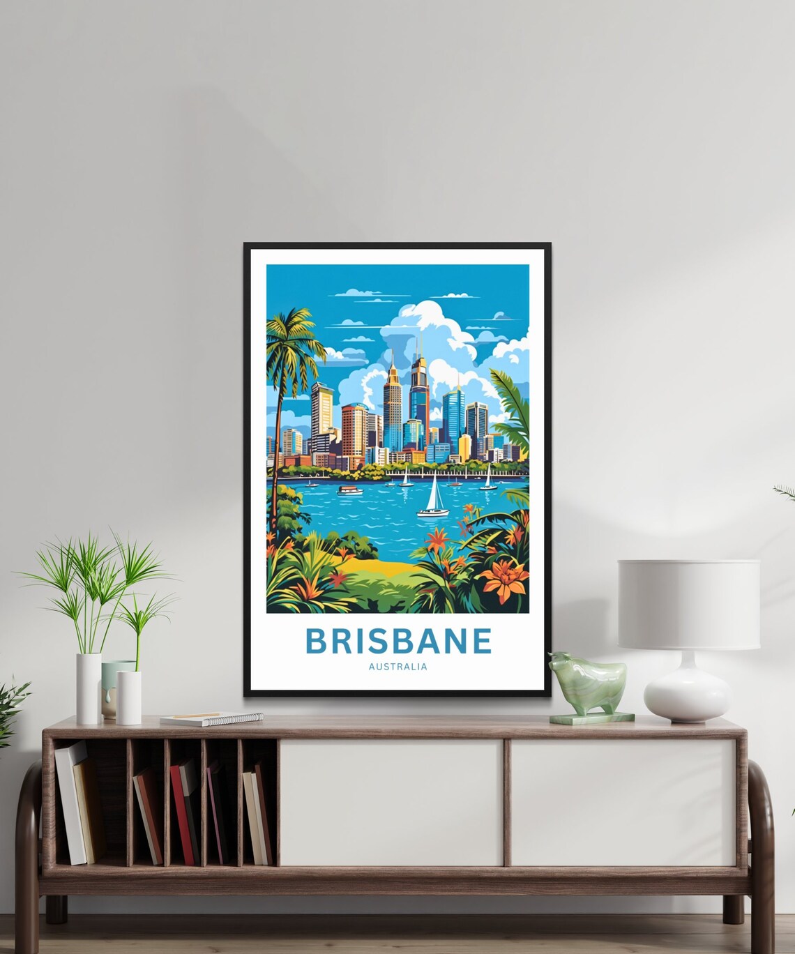 Brisbane Australia Skyline Palm River Sailboats Travel Poster - Image 2