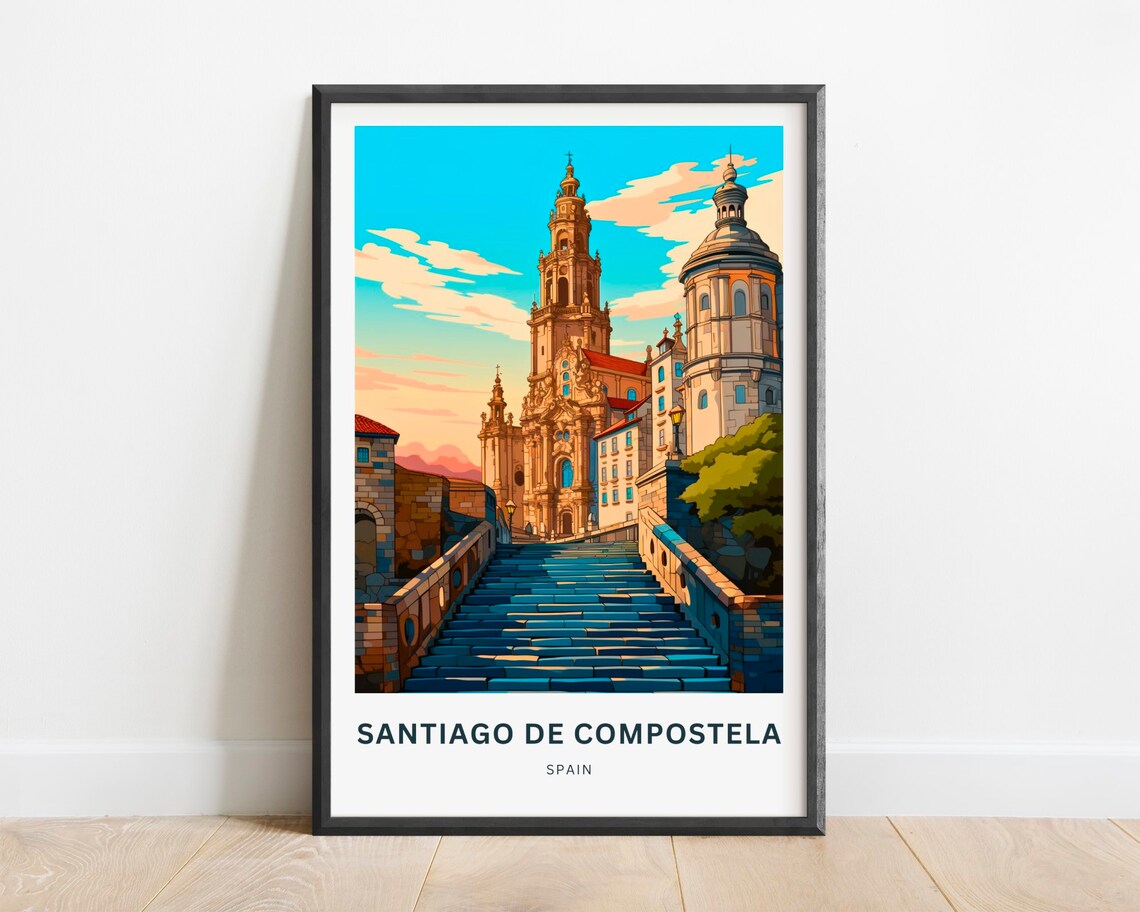 Santiago de Compostela Spain Blue Steps Cathedral Travel Poster