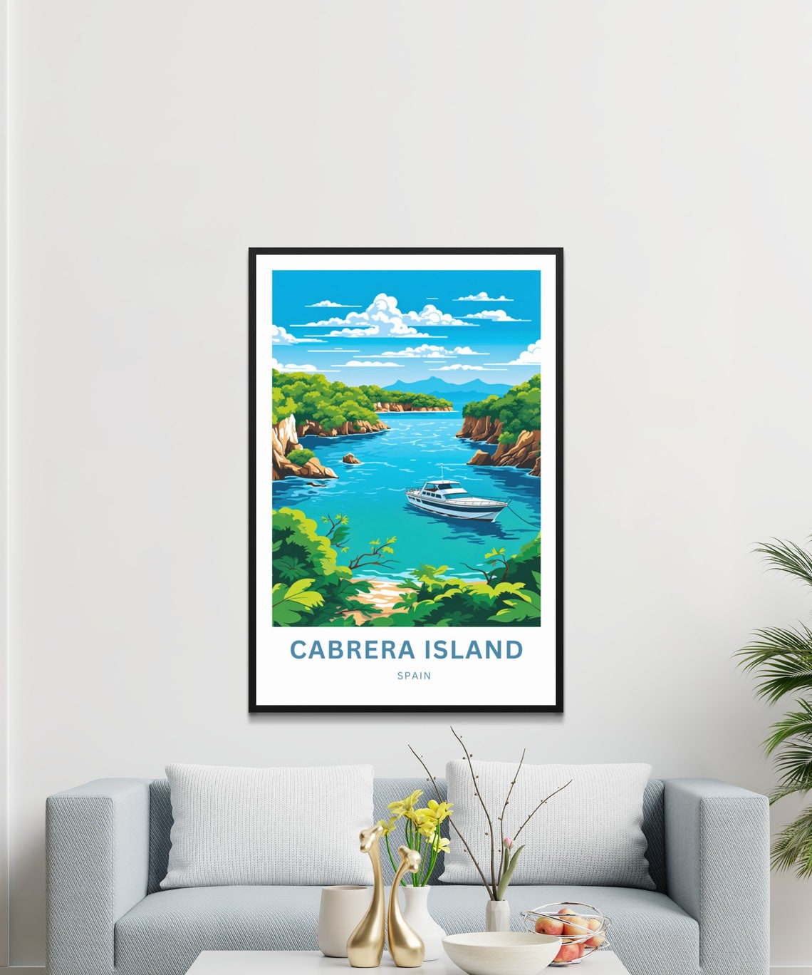 Cabrera Island Spain Anchored Boat In Emerald Rocky Channel Poster - Image 3