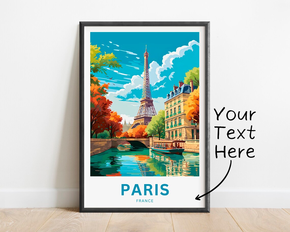 Paris France Eiffel Tower Canal Boat Autumn Trees Travel Poster - Image 4