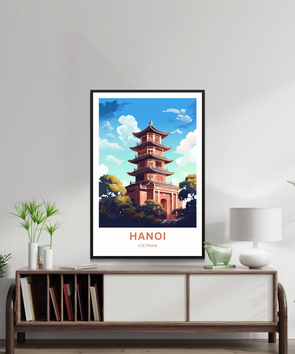 Hanoi Vietnam Red Tiered Pagoda Temple Golden Sky Travel Poster - Image 2