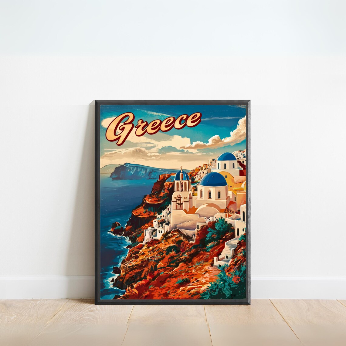 Greece Island Cove Beach Village Cliffs Vintage Travel Poster