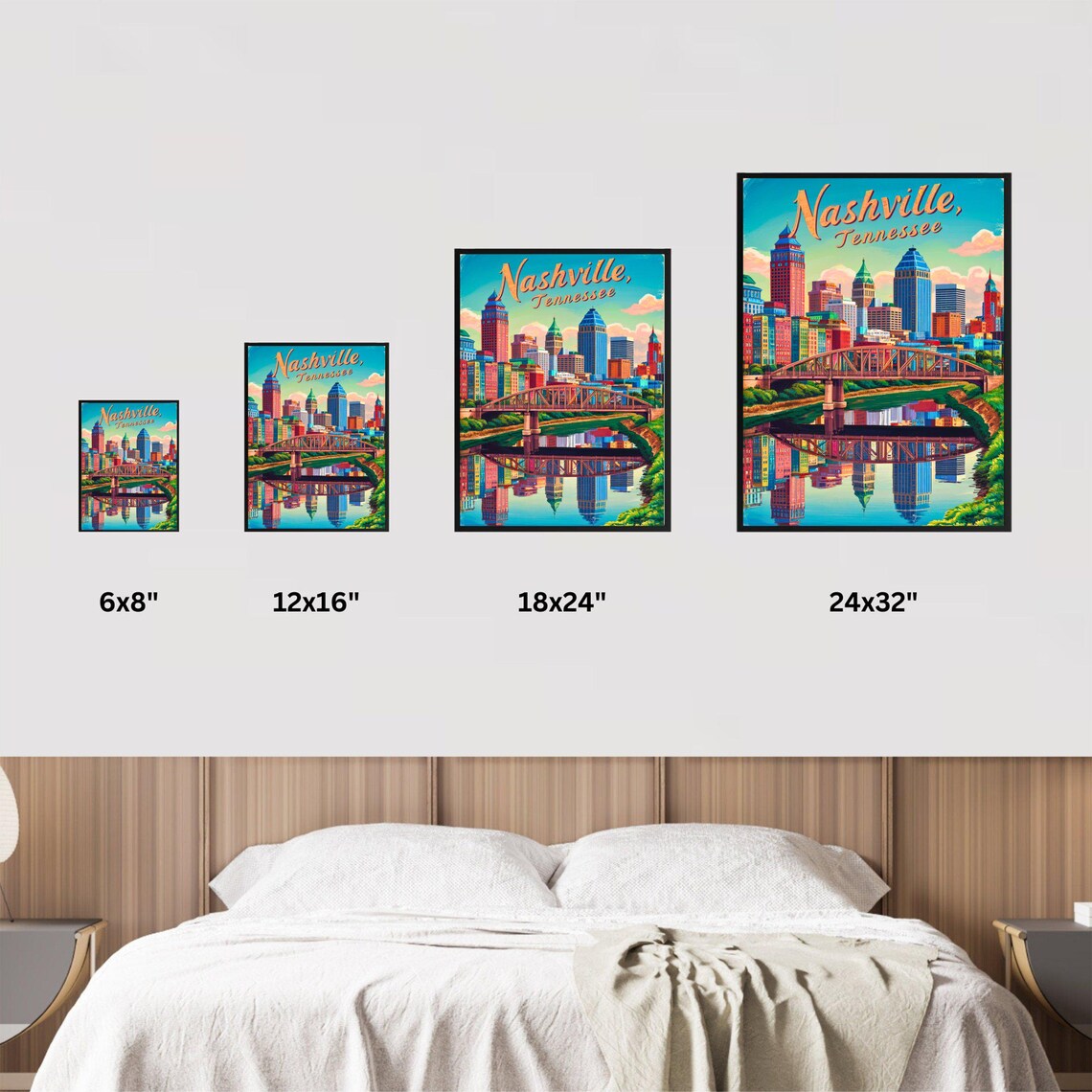 Nashville Tennessee Vintage Skyline Bridge Reflection Travel Poster - Image 4