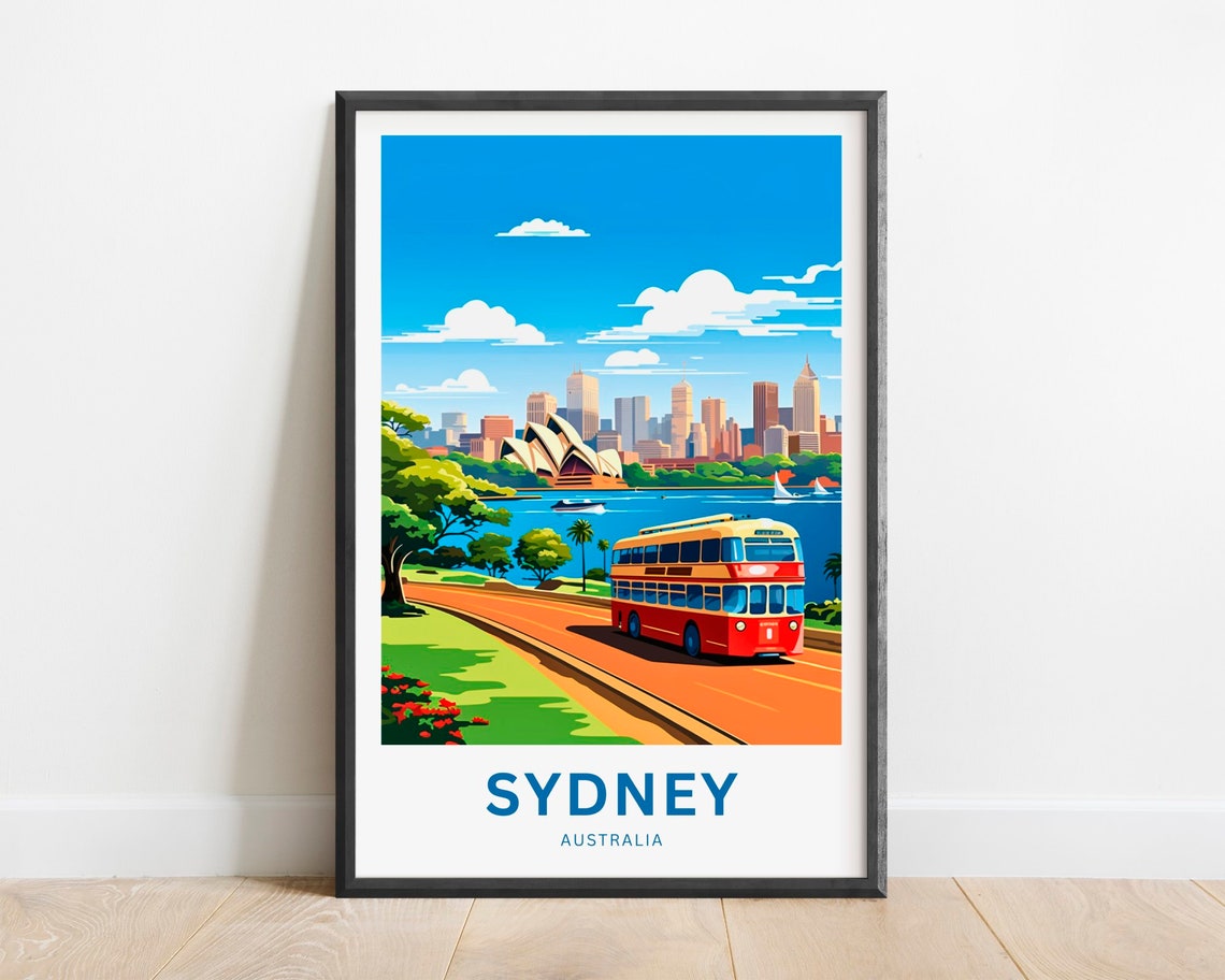 Sydney Australia Waterfront Bus Opera House Skyline Travel Poster