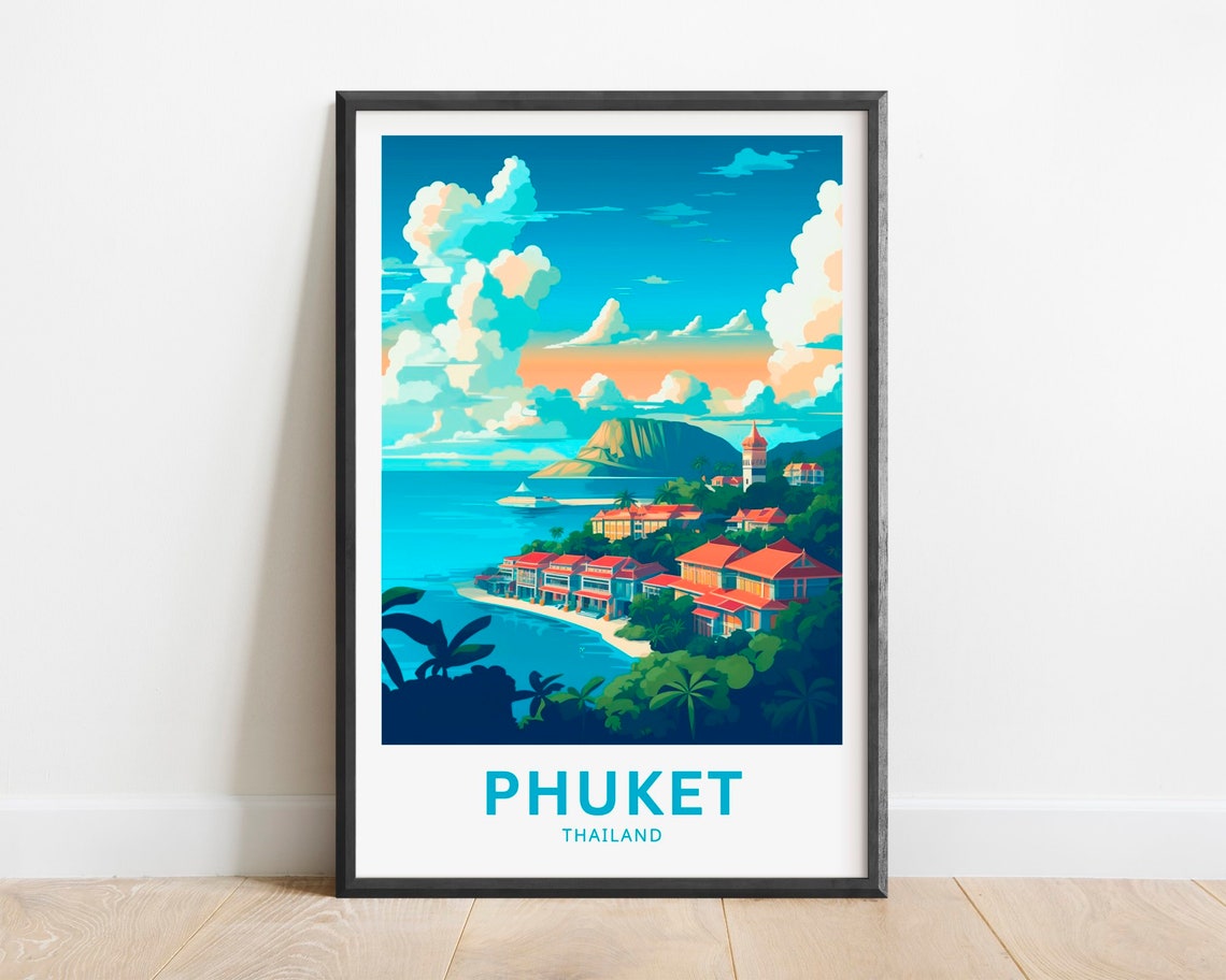 Phuket Thailand Harbor Hillside Town and Lighthouse Bay View Poster