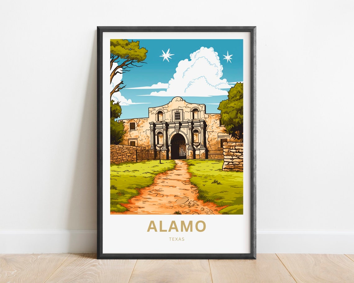Alamo Texas Historic Mission Landmark Sunny Day Vintage Poster