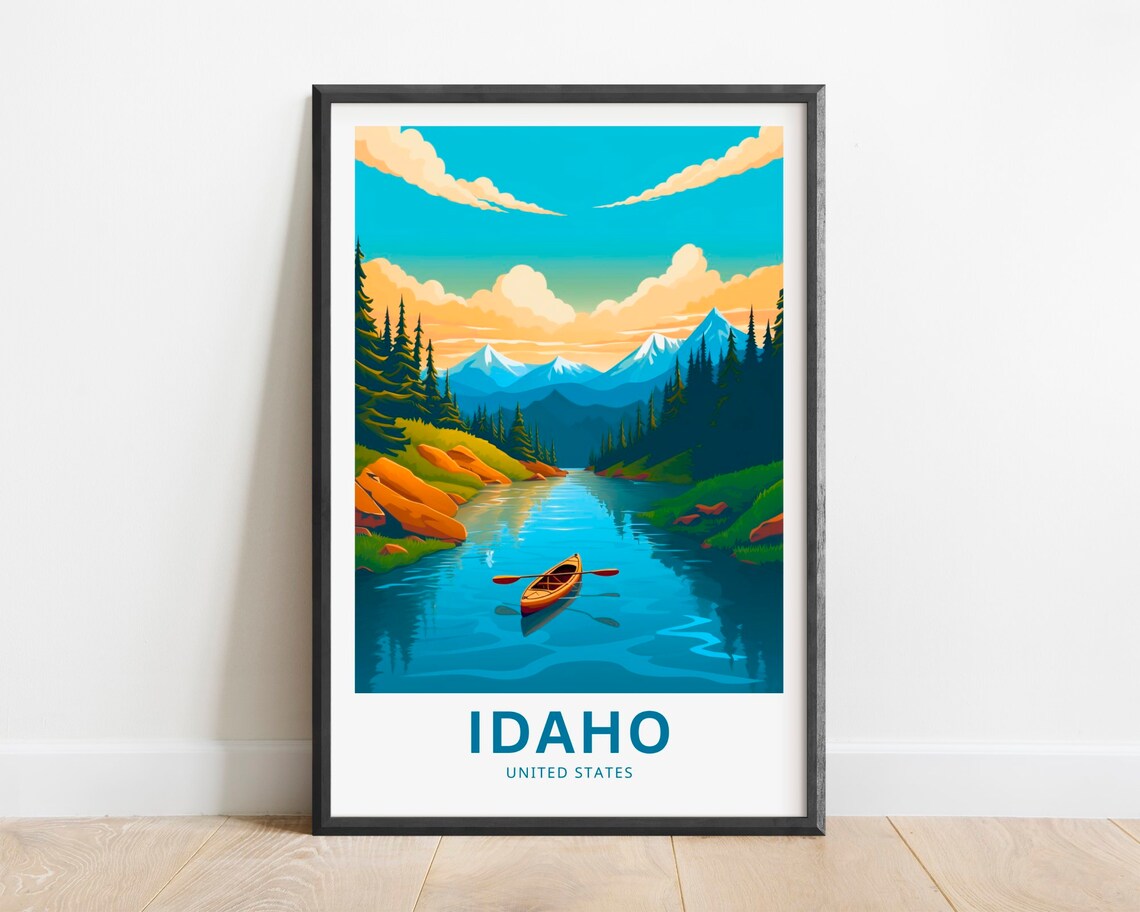 Idaho Mountain Lake Canoe Pine Forest Adventure Travel Poster