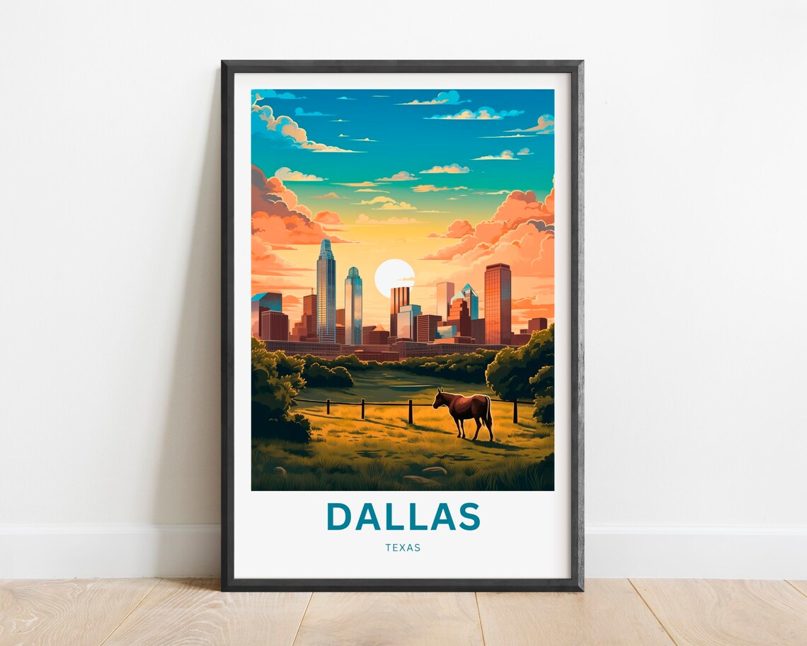 Dallas Texas Skyline Horse Prairie Sunset Scene Travel Poster
