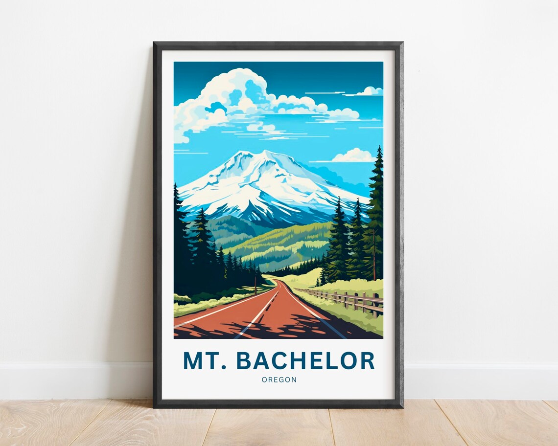 Mt Bachelor Oregon Snowcapped Peak Pine Forest Red Road Travel Poster