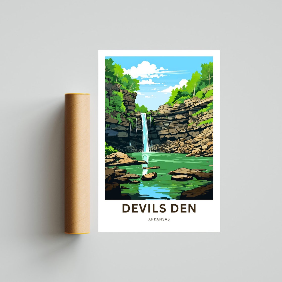 Devils Den Arkansas Emerald Falls Travel Illustration Poster - Image 4