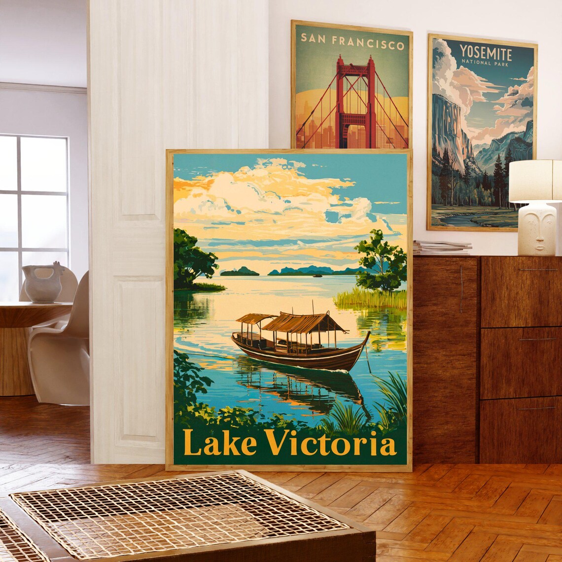 Lake Victoria Africa Thatched Boat Sunset Calm Water Travel Poster - Image 5