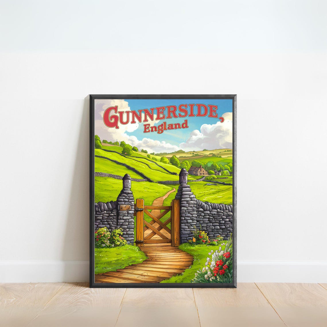 Gunnerside England Vintage Stone Gate Rolling Hills Countryside Poster