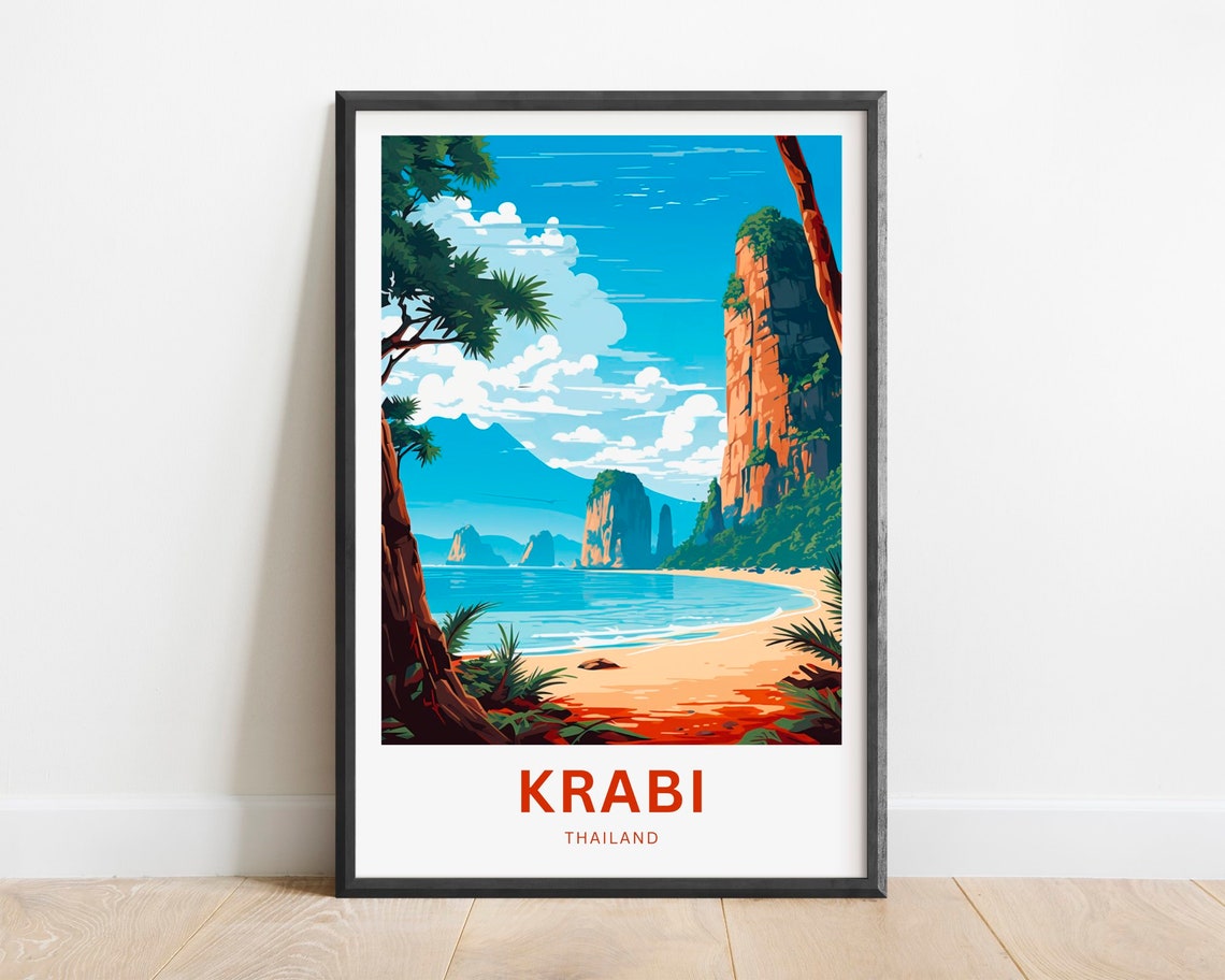 Krabi Thailand Tropical Beach Palm Cliffs Vibrant Sunset Art Poster