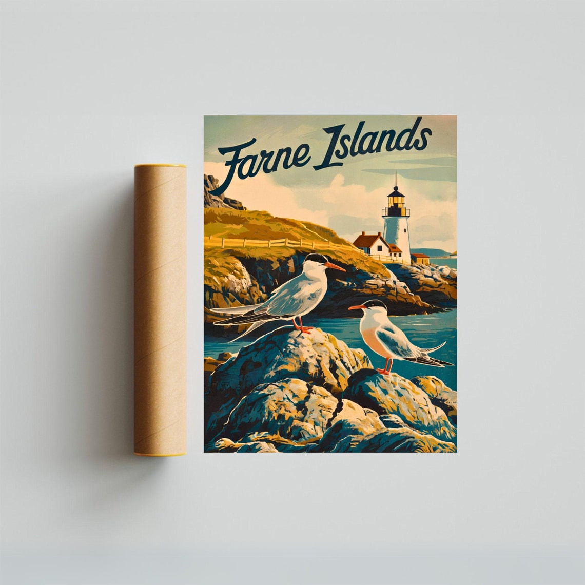 Farne Islands Vintage Arctic Terns Before Lighthouse Rocks Poster - Image 4