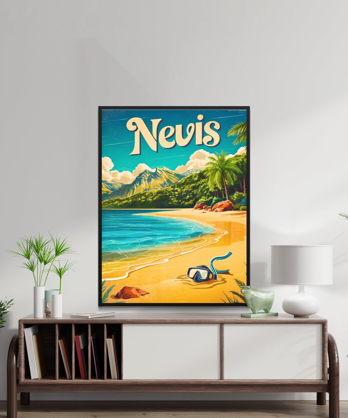 Retro Nevis Caribbean Snorkel Beach Mountain Vintage Travel Poster - Image 3