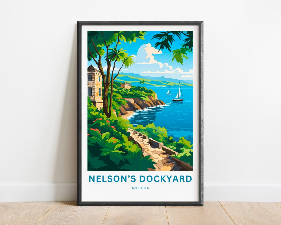 Nelson's Dockyard Antigua Sailboat Bay Travel Poster Tropical Coast Scene Art