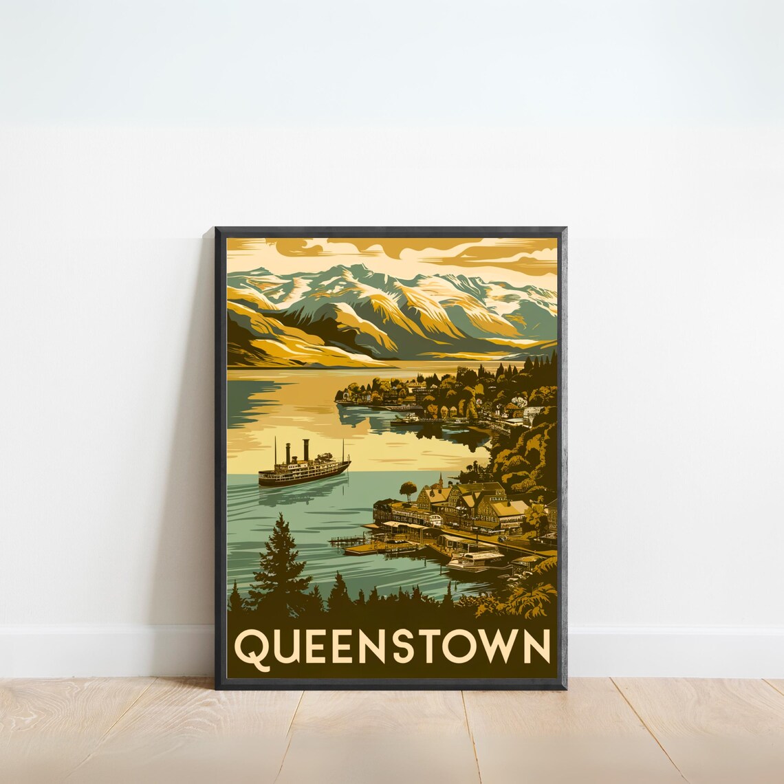 Queenstown New Zealand Vintage Steamship Mountain Lake Poster