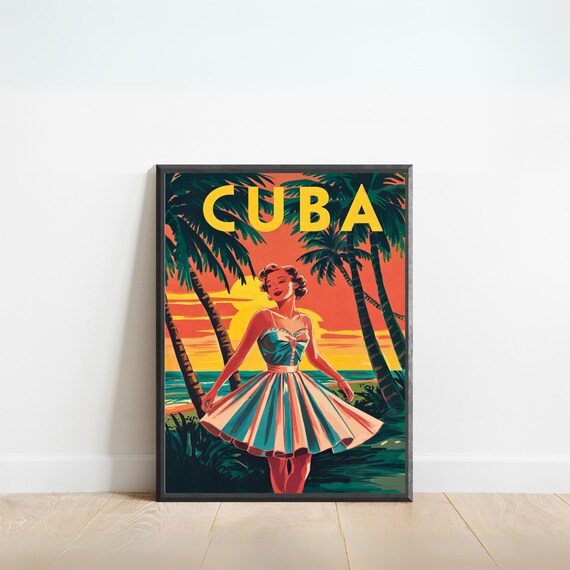 Cuba Retro Beach Sunset Palm Trees Vintage Woman Travel Poster