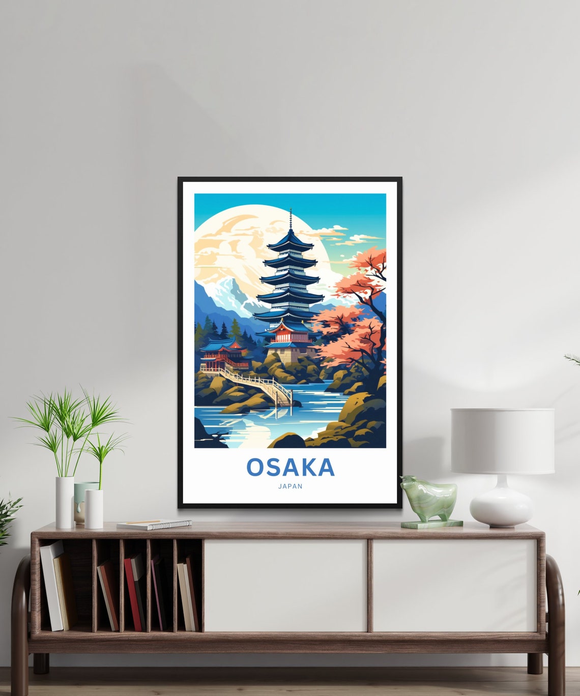 Osaka Japan Five Story Pagoda Cherry Blossom Moonlight Travel Poster - Image 2