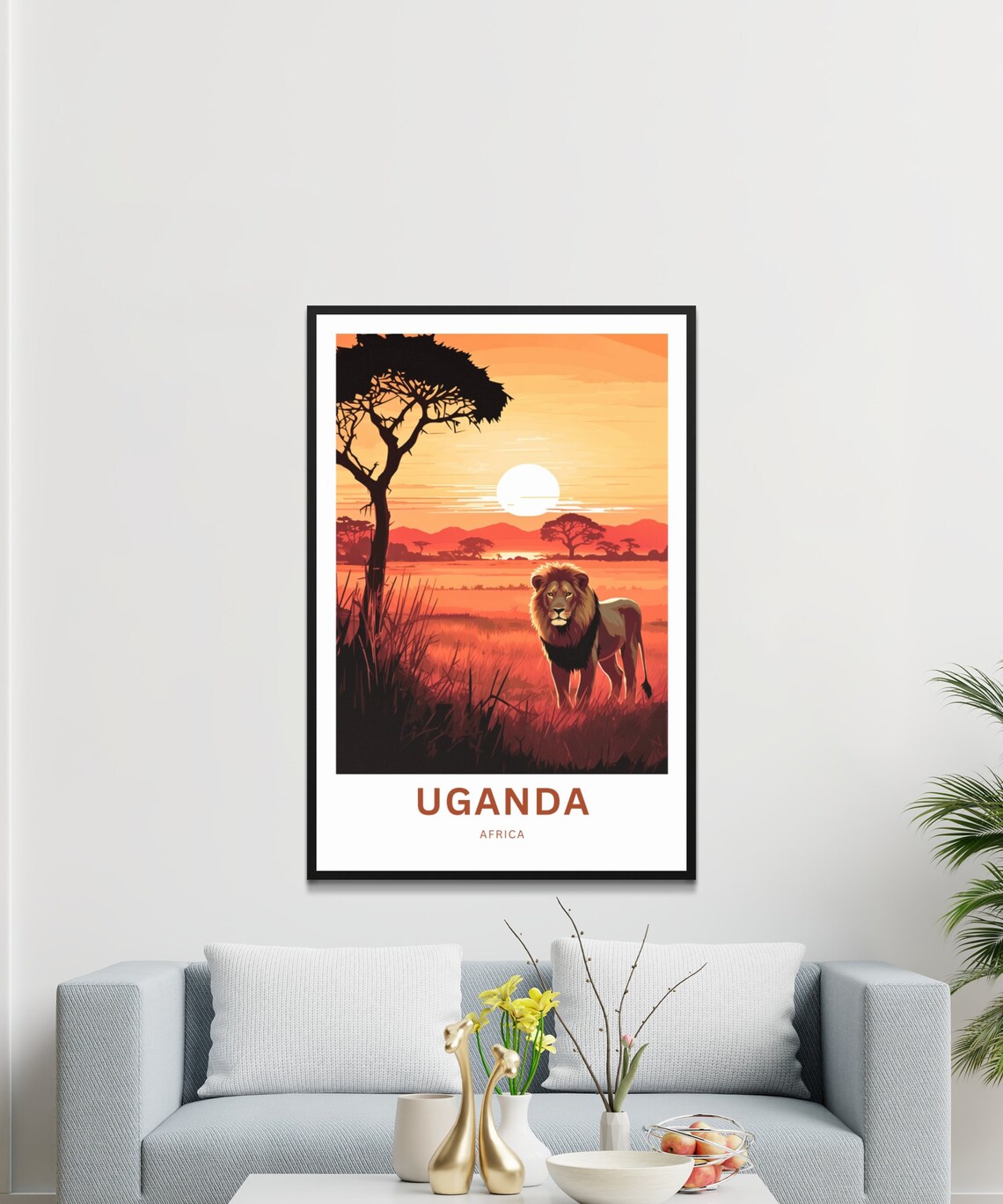 Uganda Africa Travel Poster Lion in Tall Grass Sunset Savanna View - Image 3
