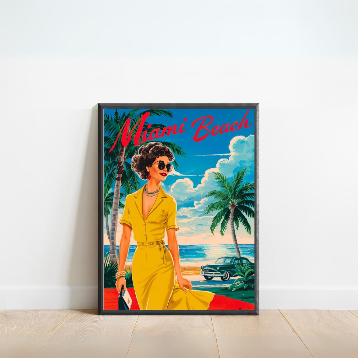 Miami Beach Retro Pin Up Woman Yellow Dress Palm Trees Poster