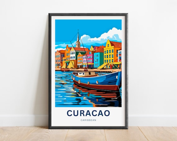 Curacao Caribbean Sunset Harbor Fishing Boat Travel Art Poster