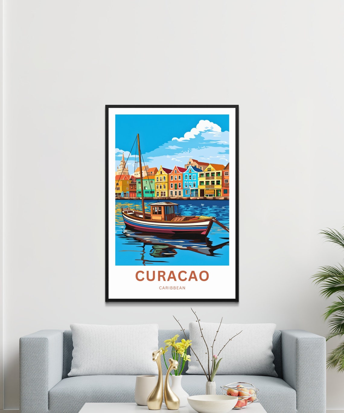 Curacao Caribbean Colorful Waterfront Harbor Boat Custom Art Poster - Image 3