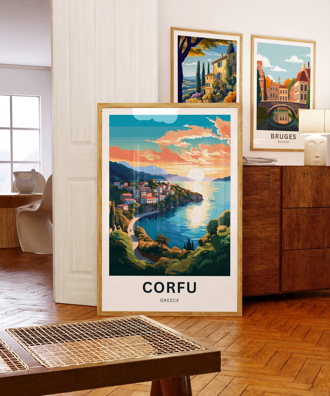 Corfu Greece Coastal Village Sunset Personalized Travel Poster - Image 5