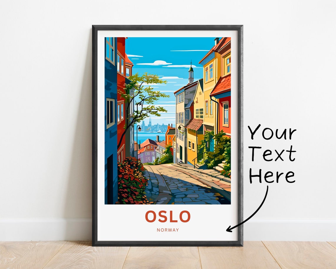 Oslo Norway Custom Text Cobblestone Lane Harbor View Travel Poster