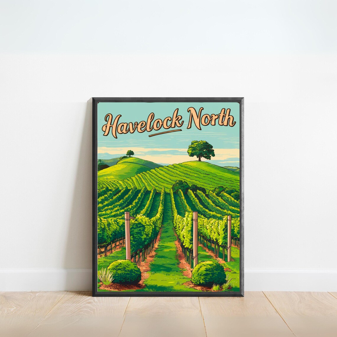 Havelock North New Zealand Travel Poster Vineyard Rolling Hills Art