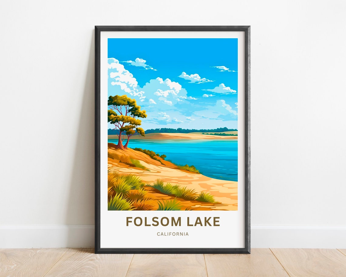 Folsom Lake California Curved Beach and Pine Trees Scene Poster