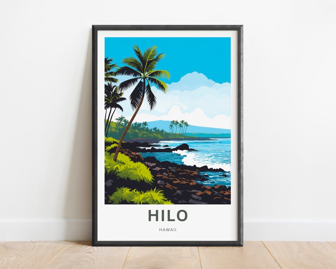Hilo Hawaii Rocky Coastline Palm Tree Blue Ocean Travel Poster