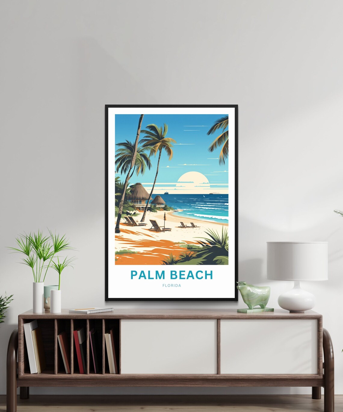 Palm Beach Florida Golden Sunset Beach Tiki Scene Art Poster - Image 2