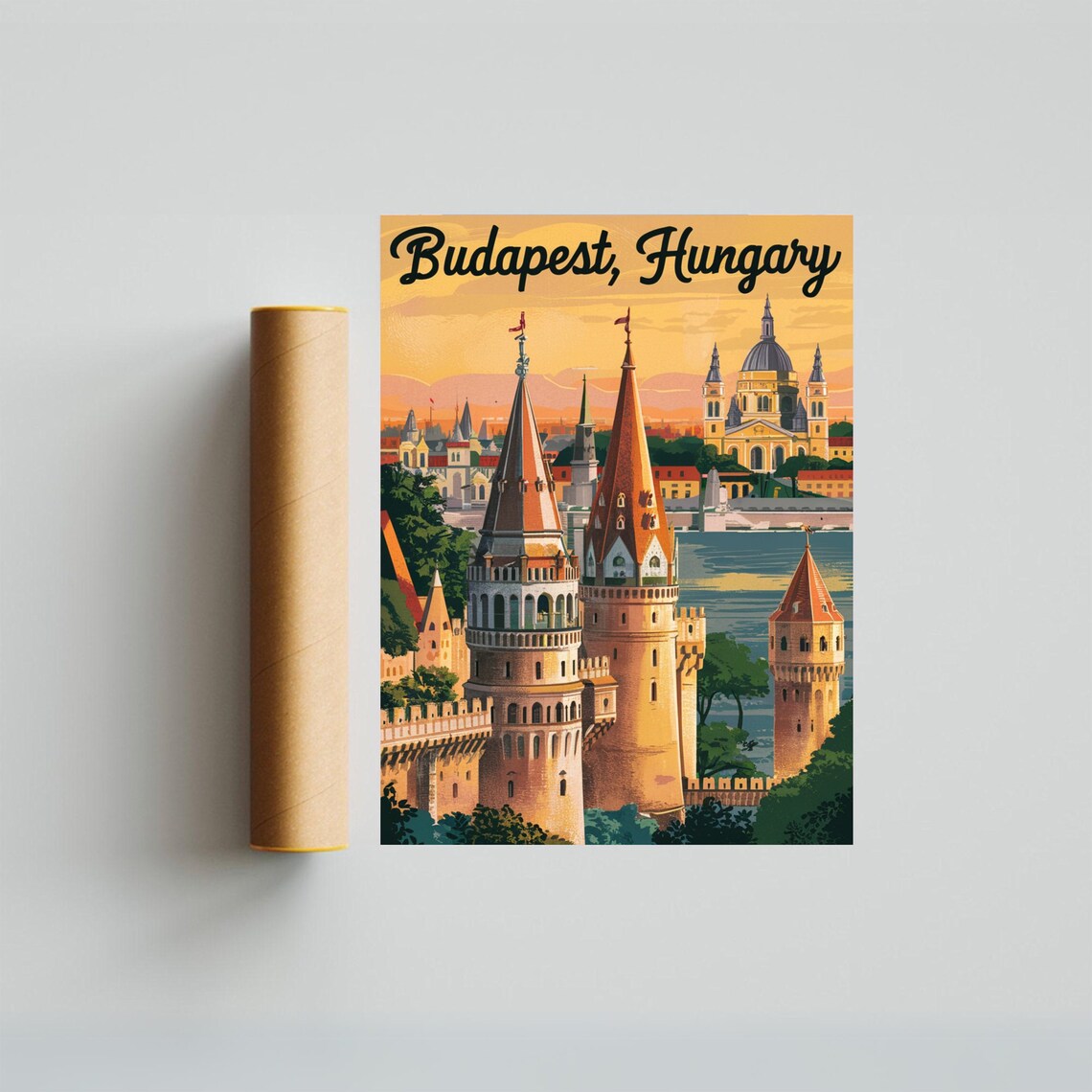 Budapest Hungary Bastion Towers Danube Sunset Vintage Poster - Image 3