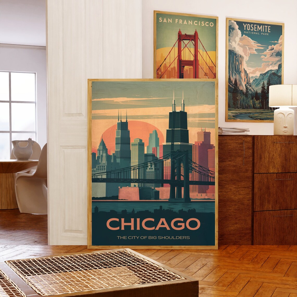 Chicago Vintage Travel Poster City of Big Shoulders Skyline Sunset - Image 5