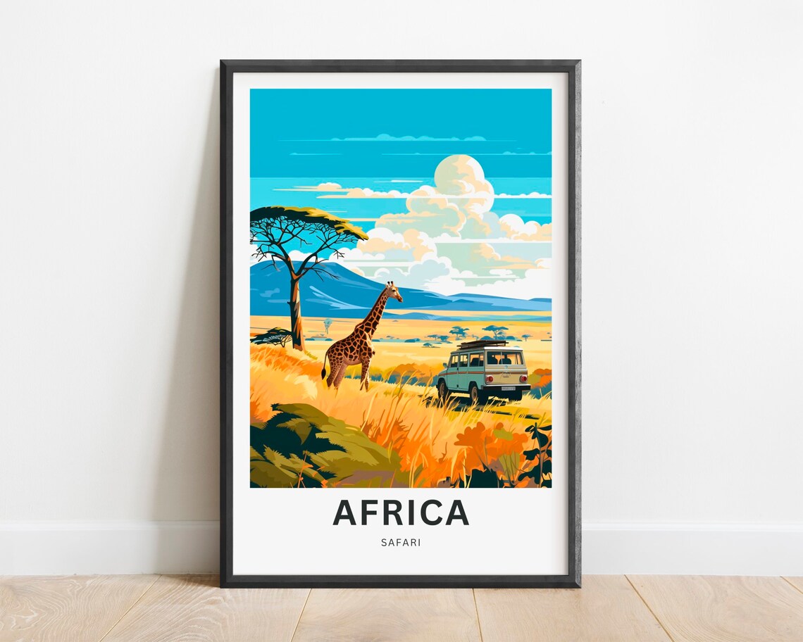 Africa Safari Poster with Giraffe and Jeep on the Golden Savanna