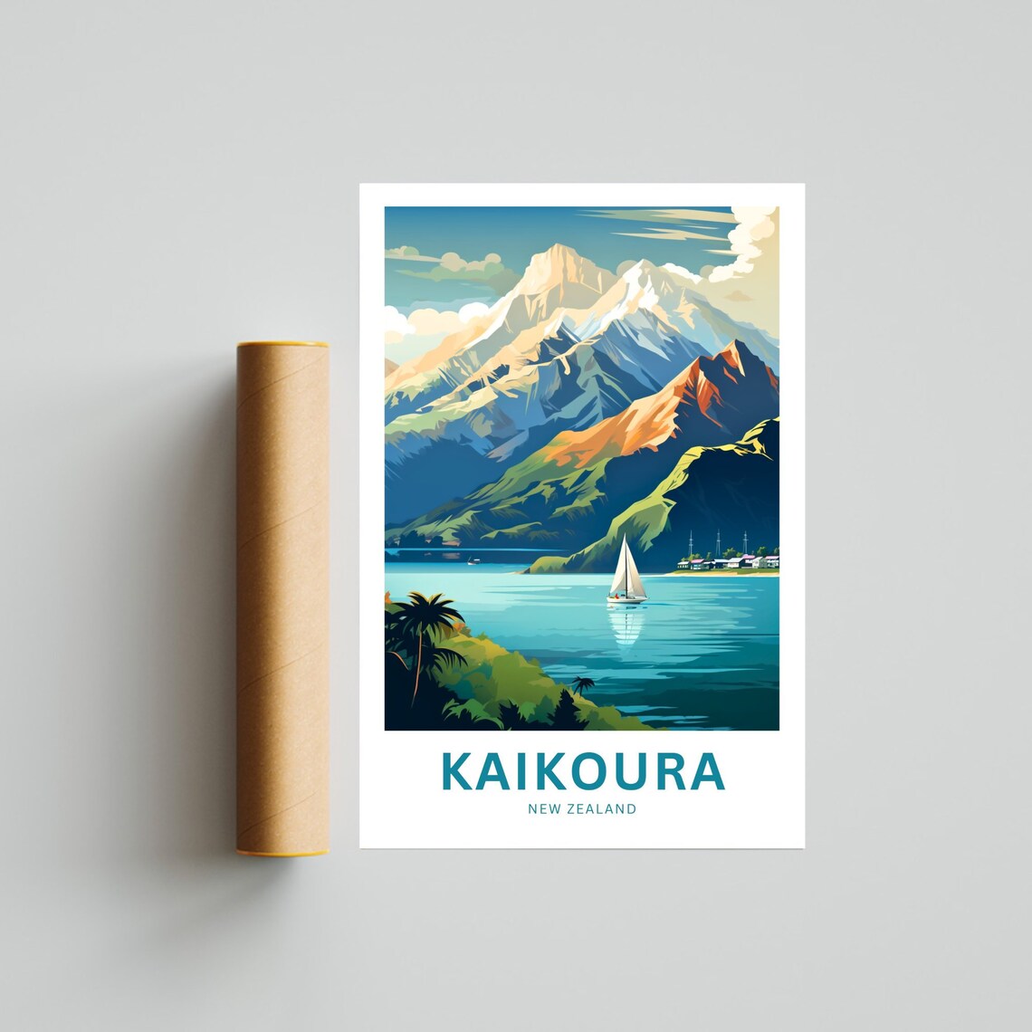 Personalized Kaikoura New Zealand Sailboat Bay Peaks Travel Poster - Image 4