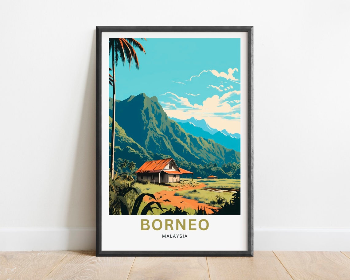 Borneo Malaysia Jungle Mountain Rustic House Travel Art Poster