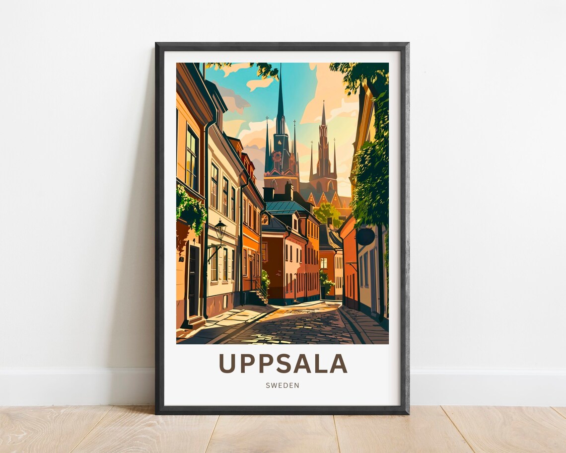Uppsala Sweden Old Town Cobblestone Street Cathedral Travel Poster