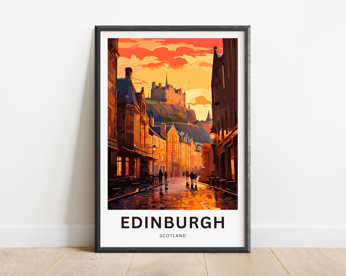 Edinburgh Scotland Castle Rock Rainy Cobblestone Street Poster