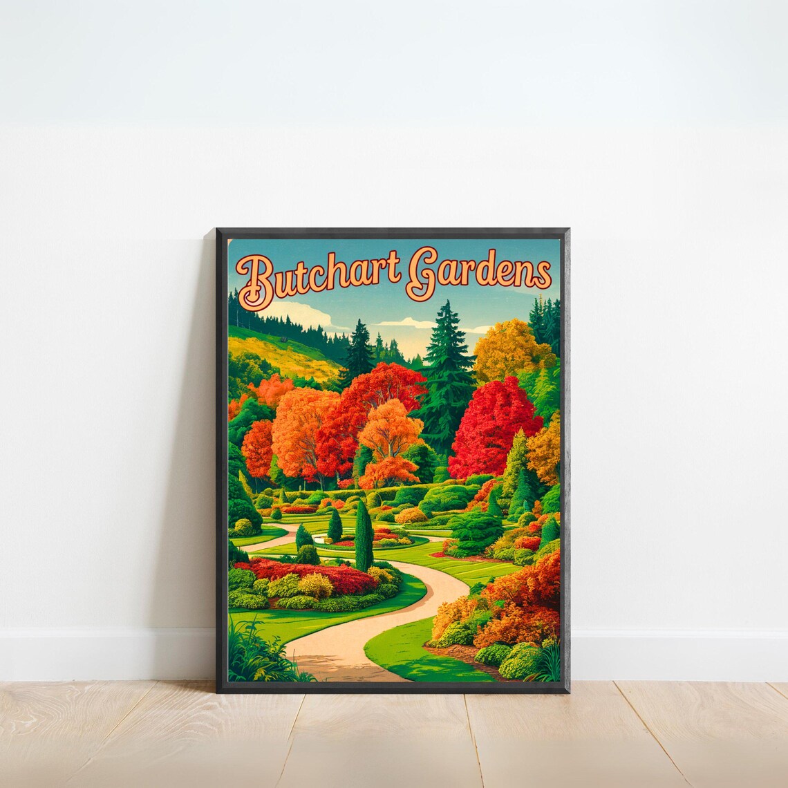 Butchart Gardens Vintage Travel Poster Autumn Garden Landscape