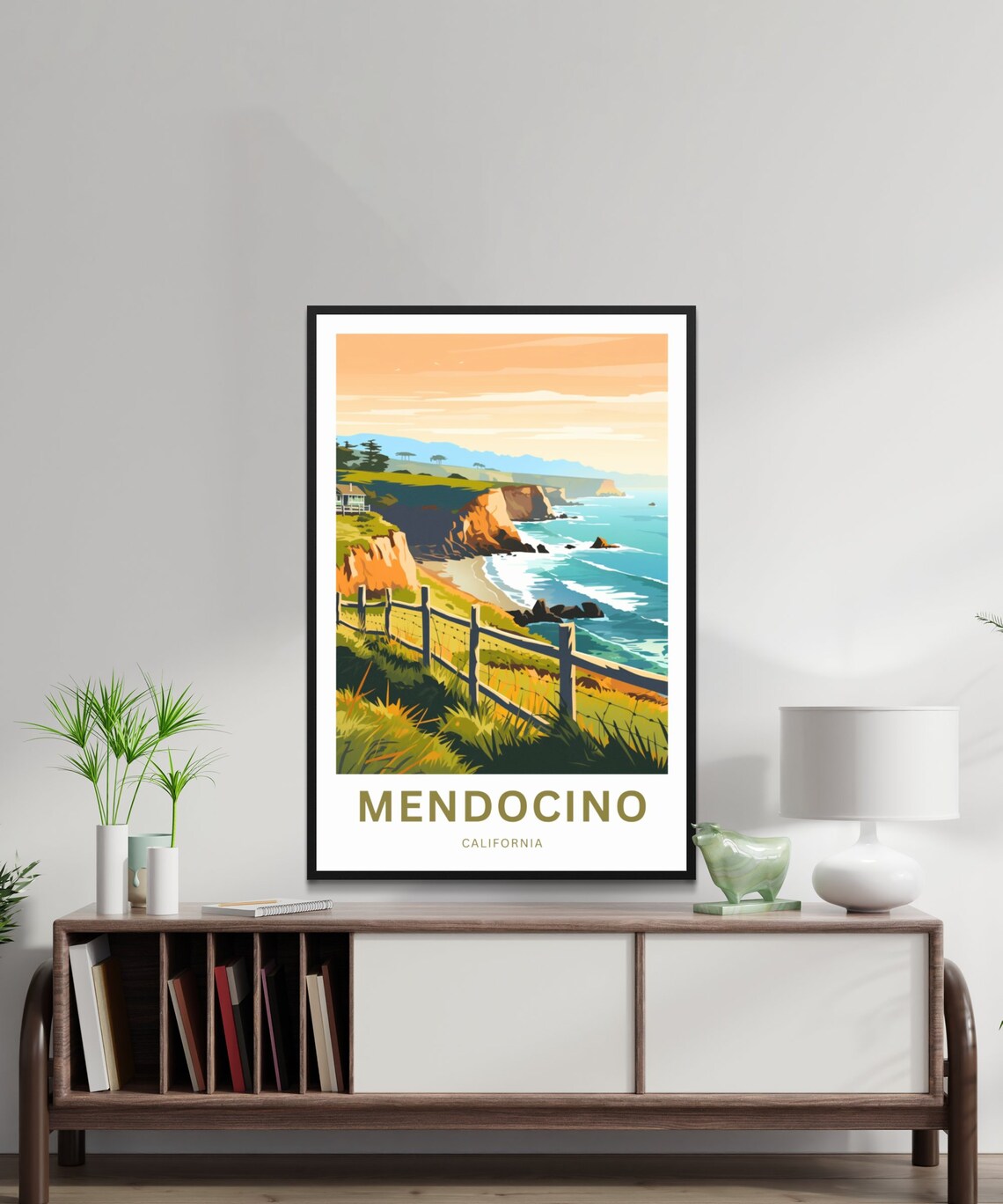 Mendocino California Cliff Sunset Fence Cottage Coastal Travel Poster - Image 2