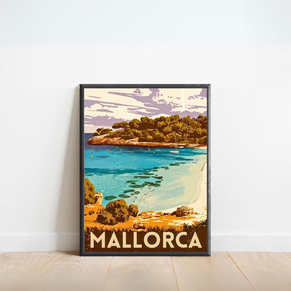 Mallorca Spain Vintage Cove Poster Turquoise Bay Sailboat Pine Cliffs